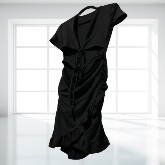 Effordram Black Tie-Front Cutout Ruffle Mini Dress Club Party Bodycon M - Picture 2 of 11